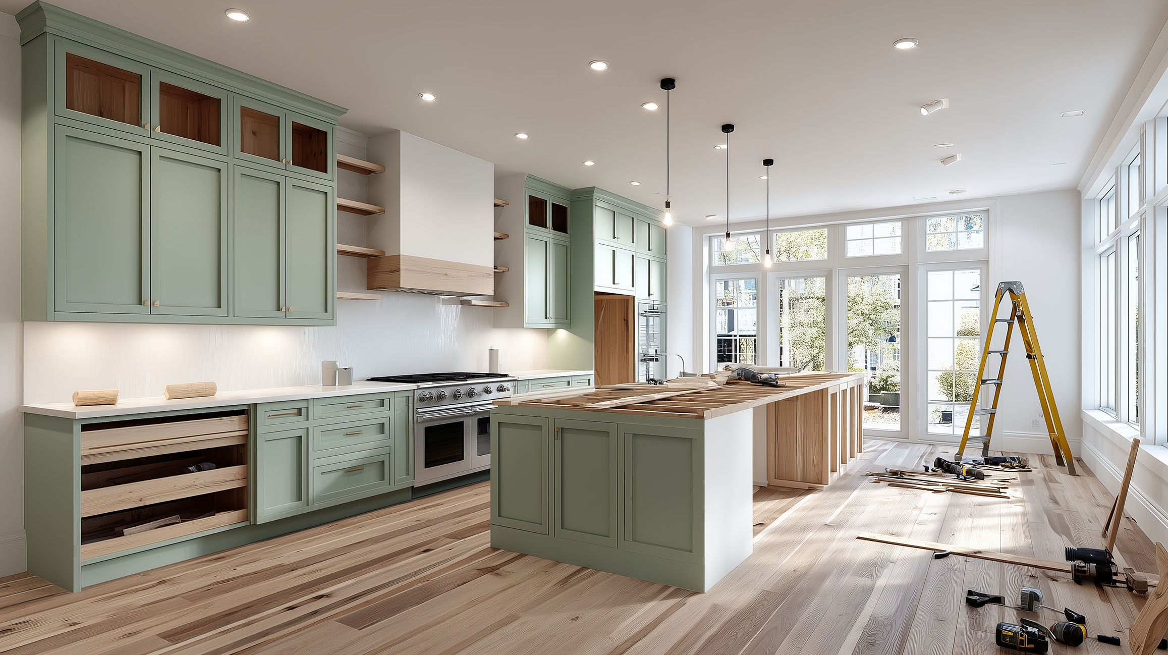 Spacious kitchen remodel features mint green cabinetry, wooden f
